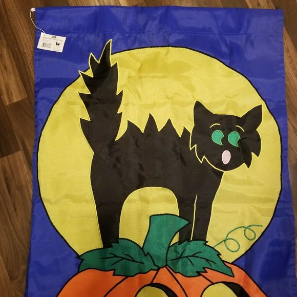 Vintage HALLOWEEN Jack O Lantern BLACK CAT Full Moon Garden Flag NWT House Decor - Picture 3 of 12
